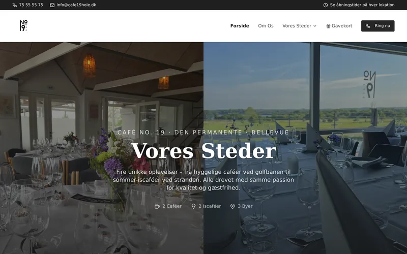 Die Startseite von cafe19hole.dk: zwei Fotos nebeneinander mit gedeckten Tischen im Café und im Restaurant mit Blick auf den Golfplatz, mit der dänischen Überschrift "Vores Steder."